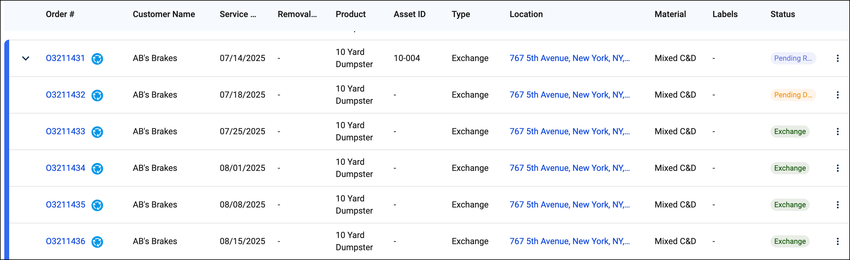 Recurring Orders (Dumpster & Live Load)